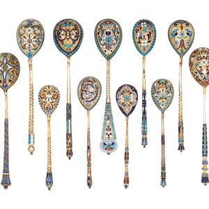 Twelve Russian Enameled Silver