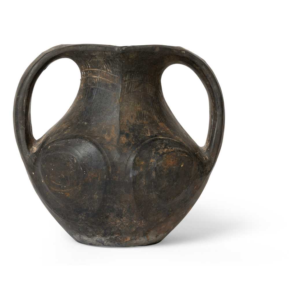 TWIN-HANDLED BLACK POTTERY JAR