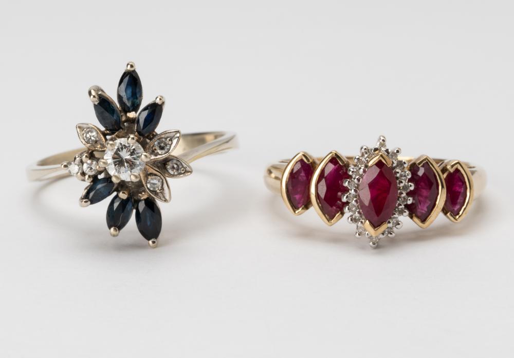 TWO 10 KARAT GOLD DIAMOND & GEM-SET