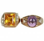 TWO 10 KARAT YELLOW GOLD & SYN