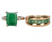TWO 14 KARAT GOLD & EMERALD RI
