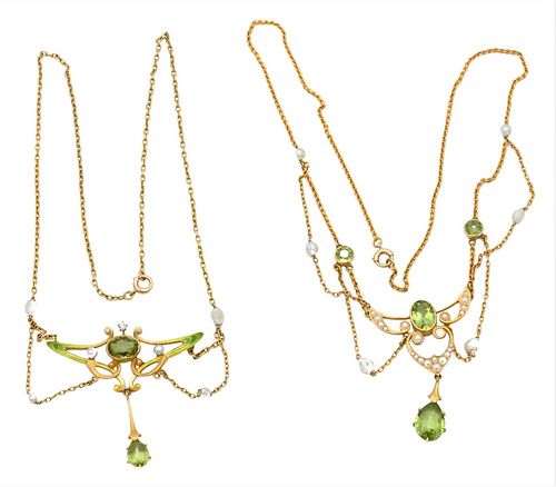 TWO 14 KARAT GOLD LAVALIERS,