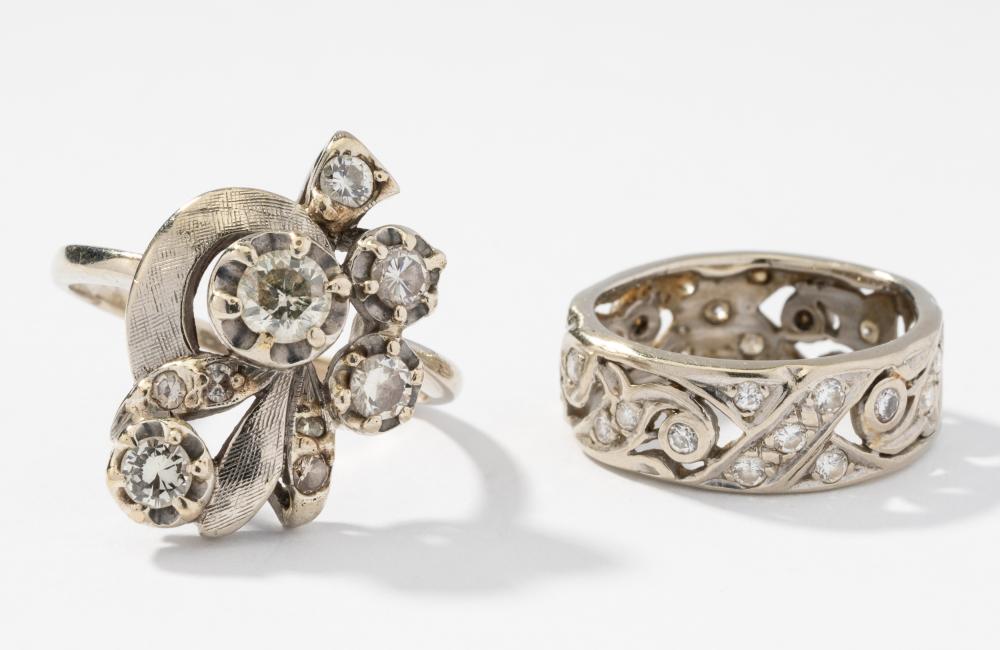 TWO 14 KARAT WHITE GOLD AND DIAMOND