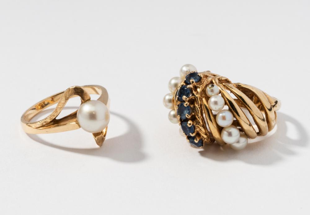 TWO 14 KARAT YELLOW GOLD PEARL