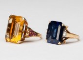 TWO 14 KARAT YELLOW GOLD STONE
