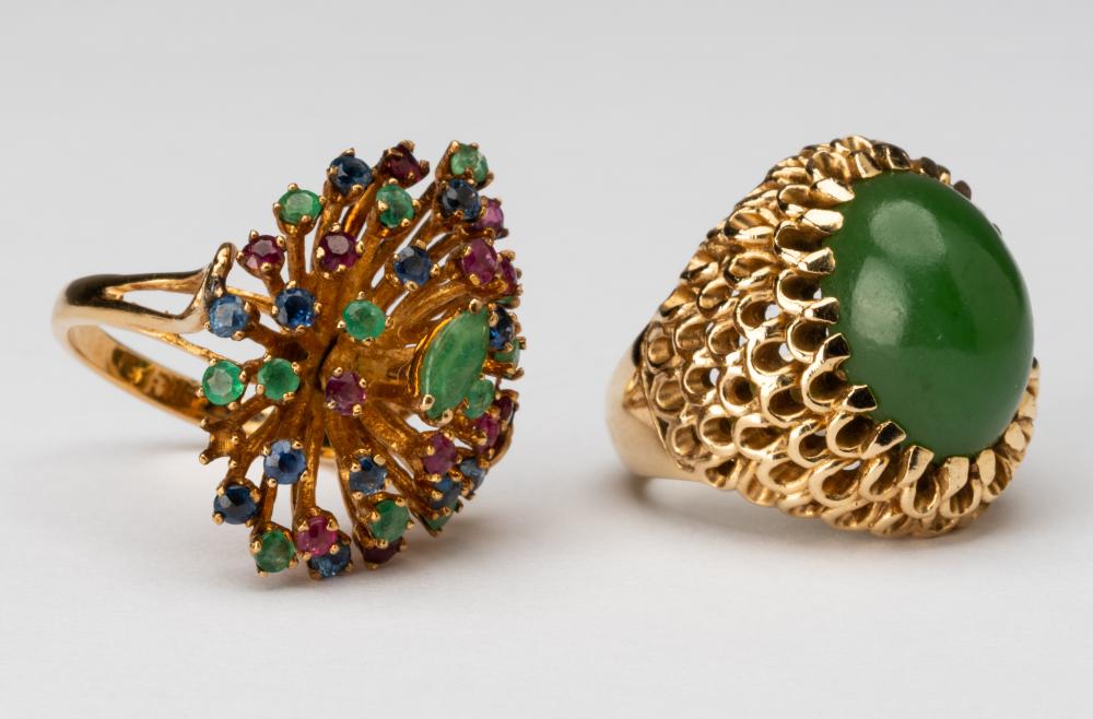 TWO 14 KARAT YELLOW GOLD GEM-SET