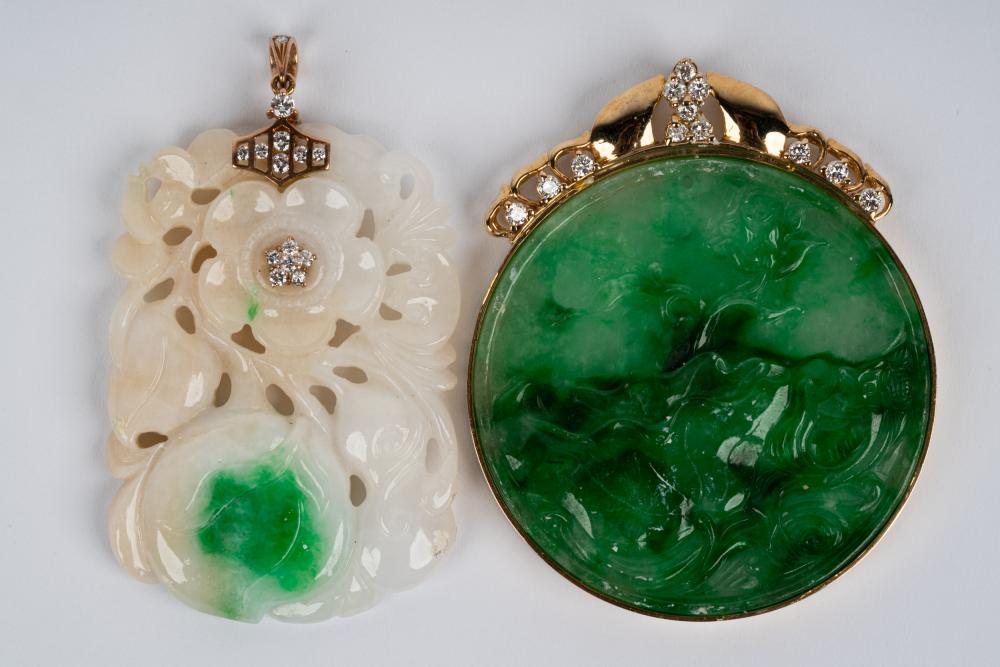 TWO 14 KARAT YELLOW GOLD, JADE, &