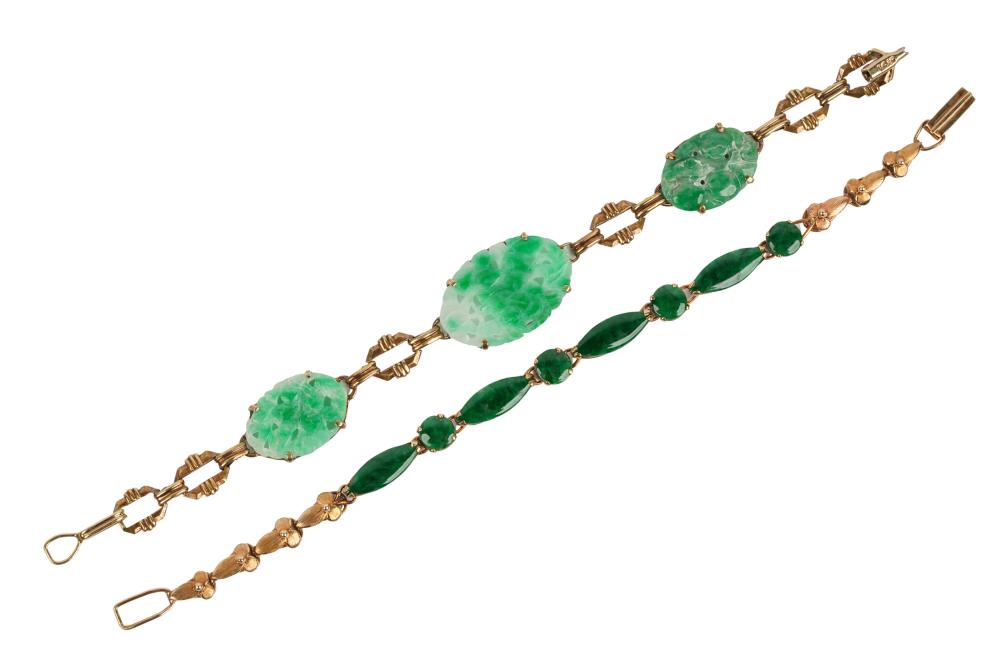TWO 14 KARAT YELLOW GOLD & JADE