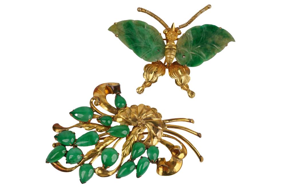 TWO 14 KARAT YELLOW GOLD & JADE