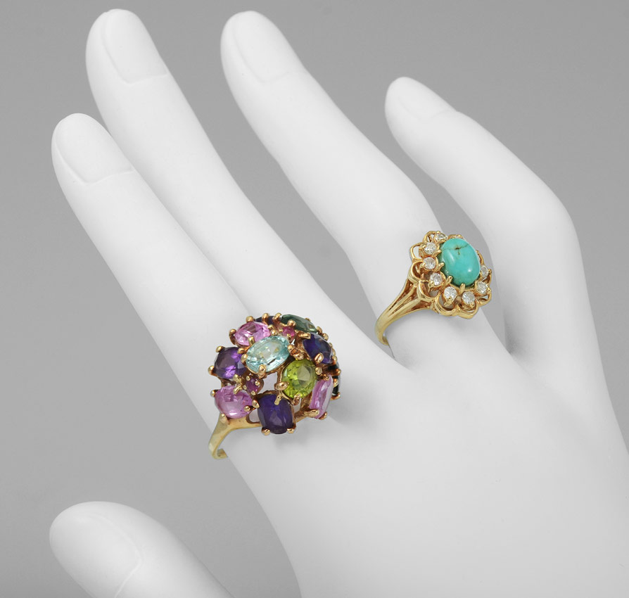 TWO 14K GOLD GEMSTONE RINGS: 1)