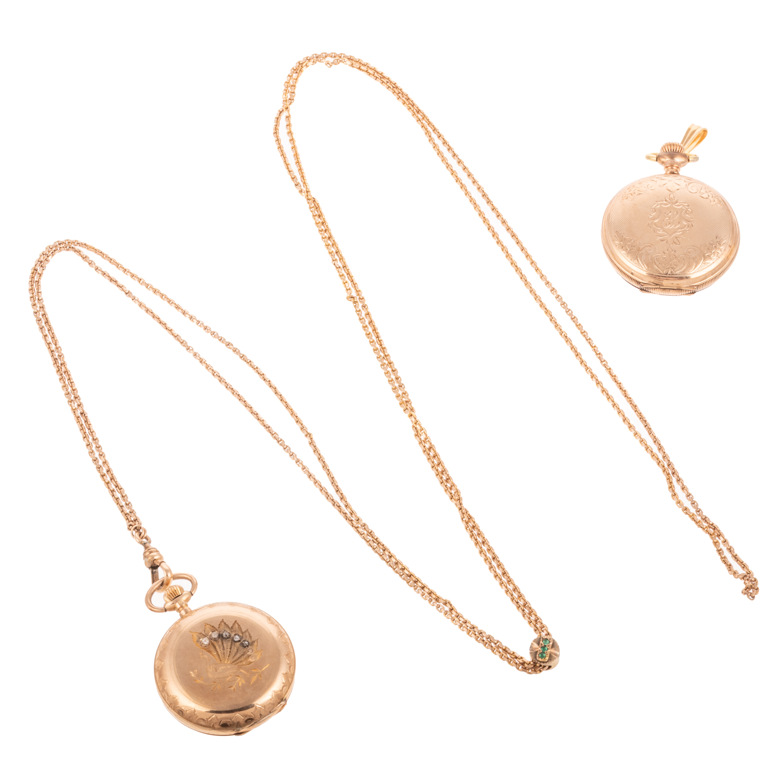 TWO 14K POCKET WATCHES WITH CHAIN