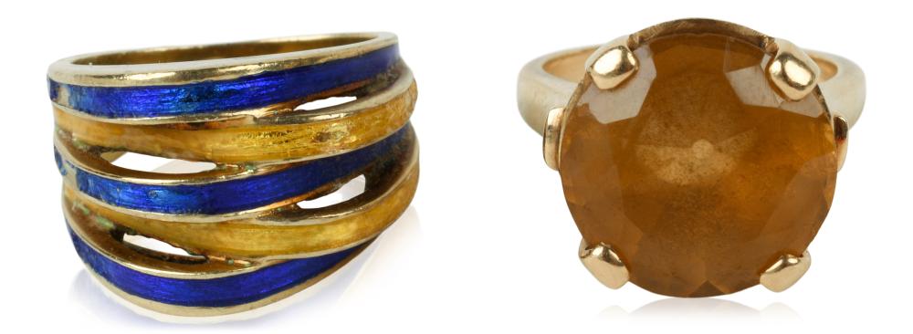 TWO 14K YELLOW GOLD RINGS, ENAMEL