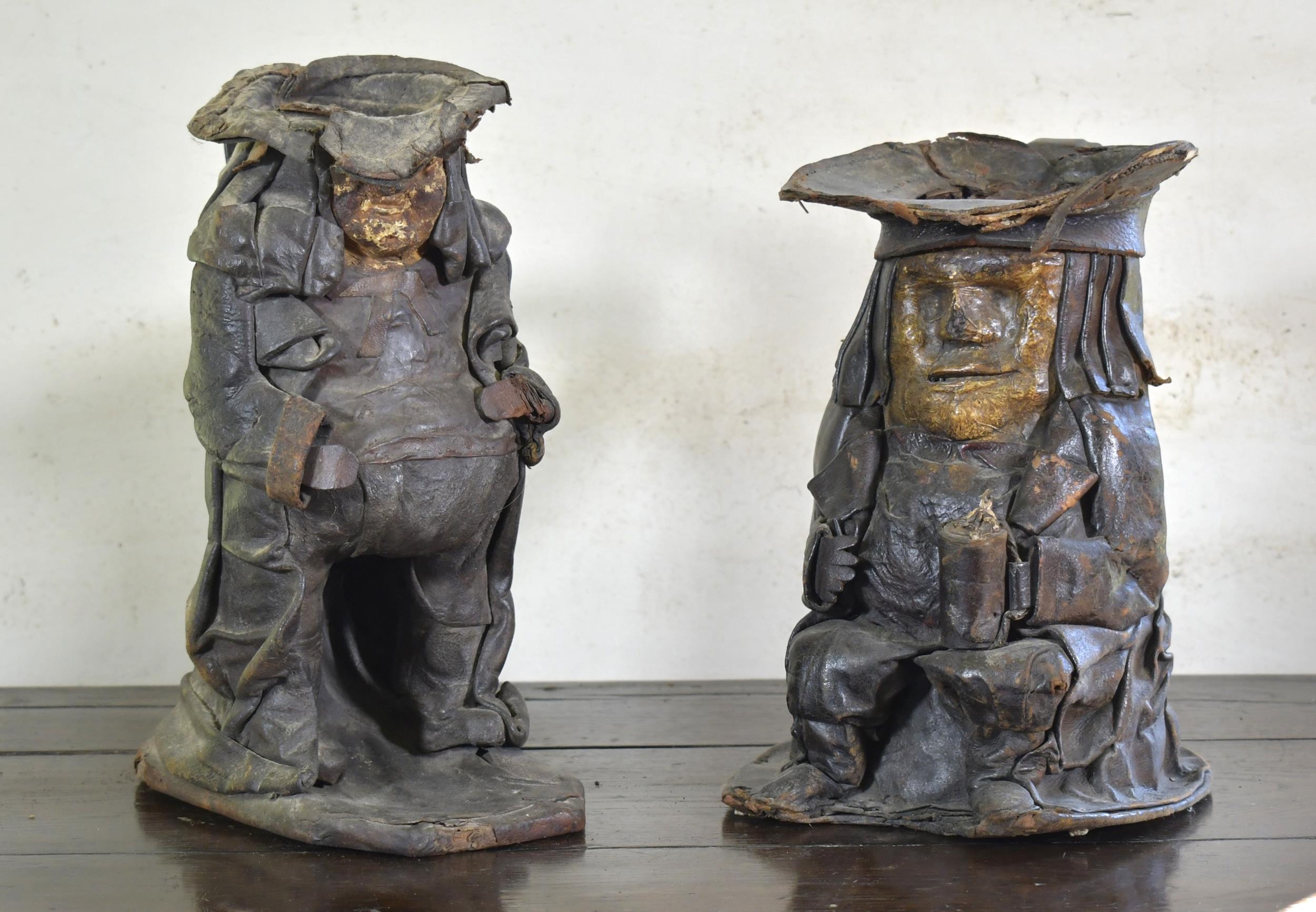 TWO 18TH C. LEATHER TOBY JUGS Two