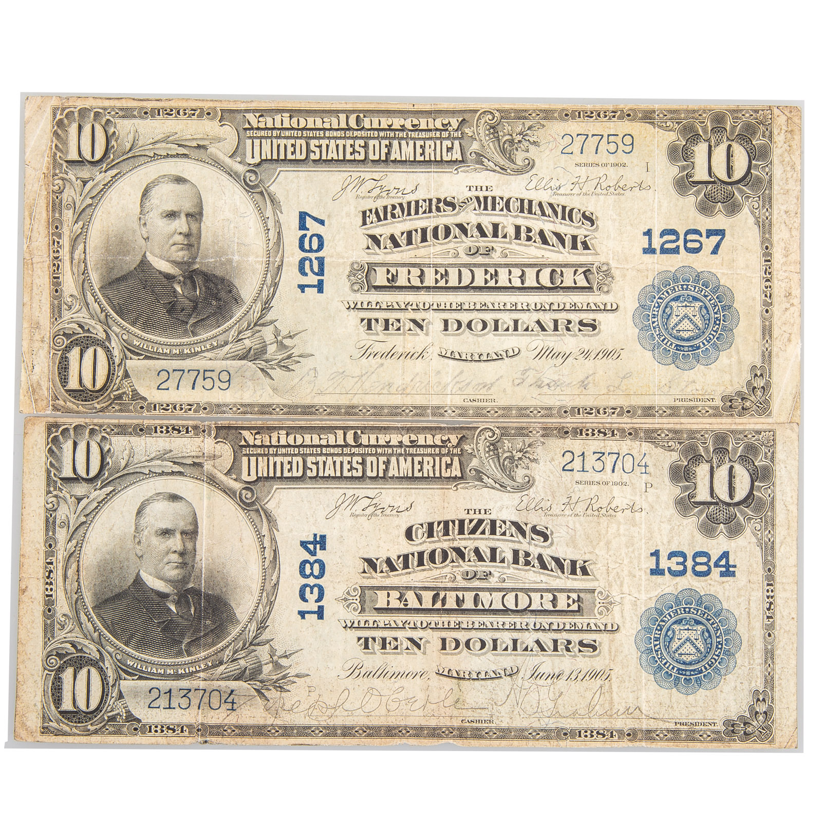 TWO 1902 $10 PLAIN BACK NATIONALS