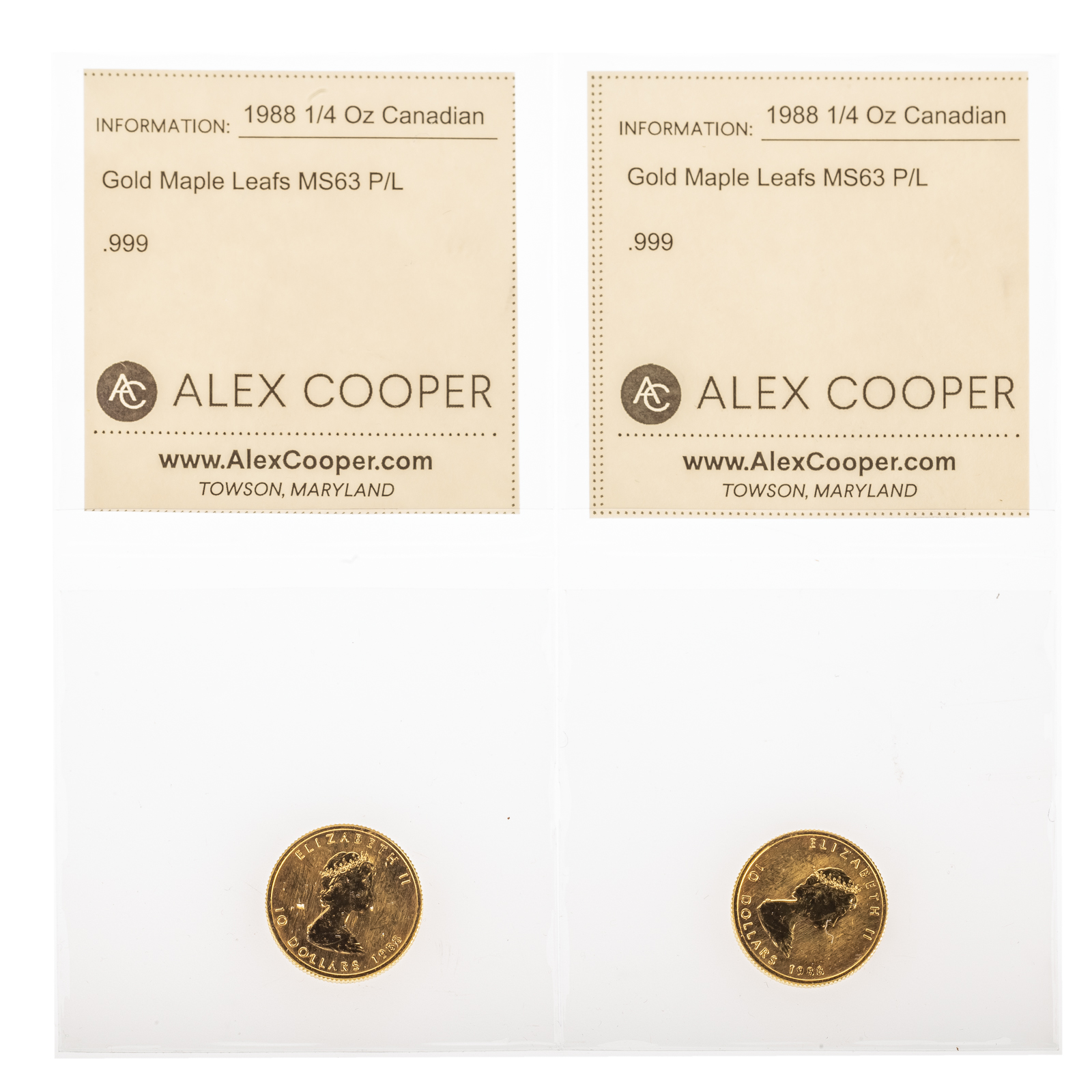 TWO 1988 1/4 OZ CANADIAN GOLD MAPLE