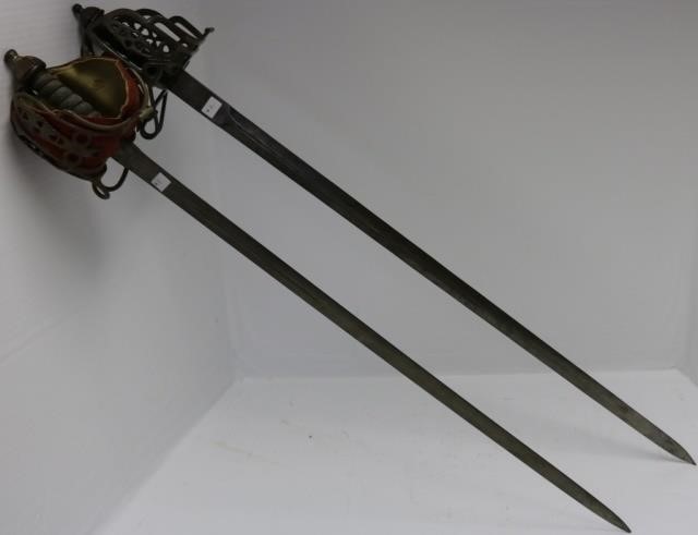 TWO 19TH C BASKET HILTED SWORDS.