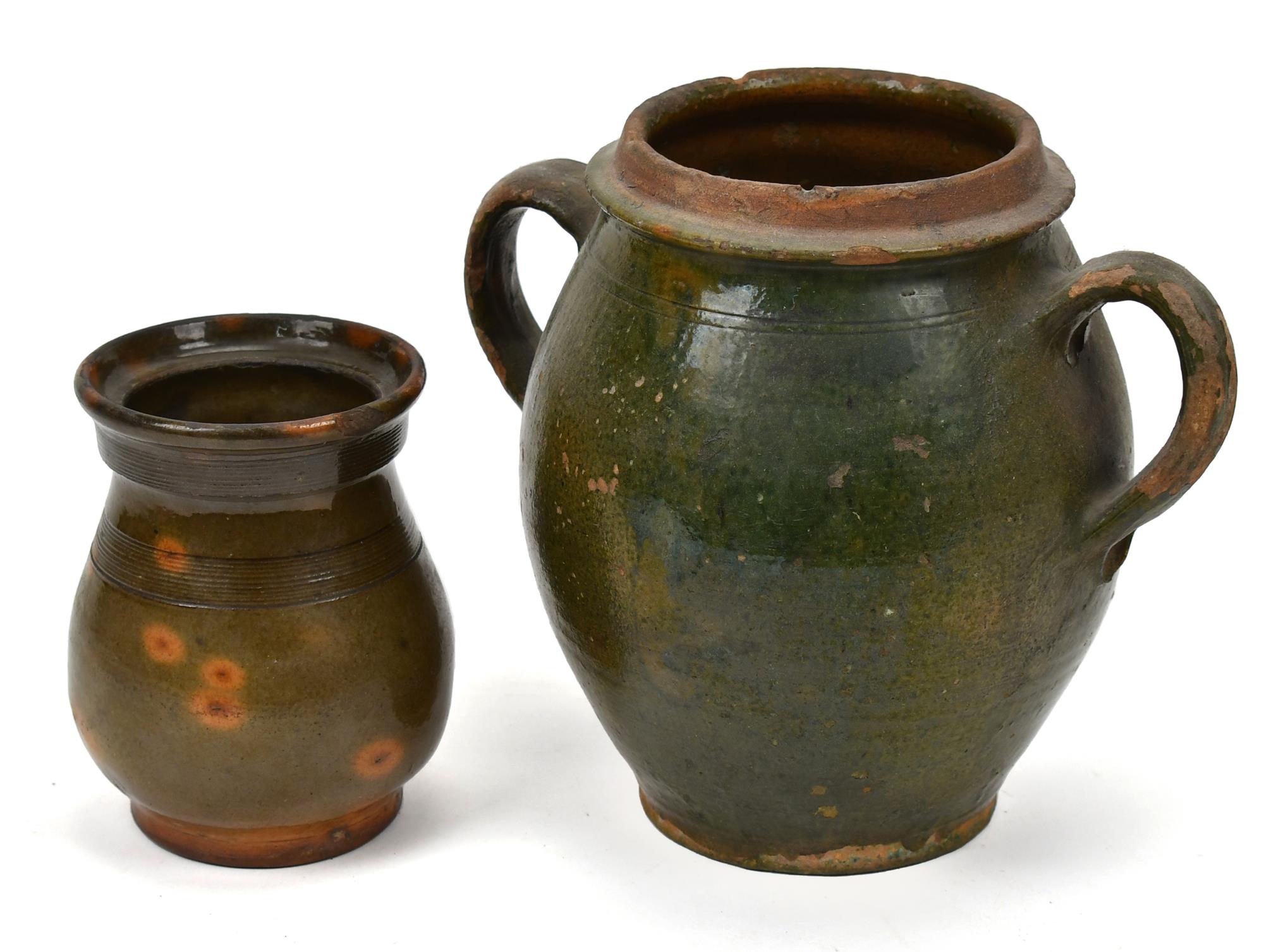 TWO 19TH C. GREEN SLIP REDWARE