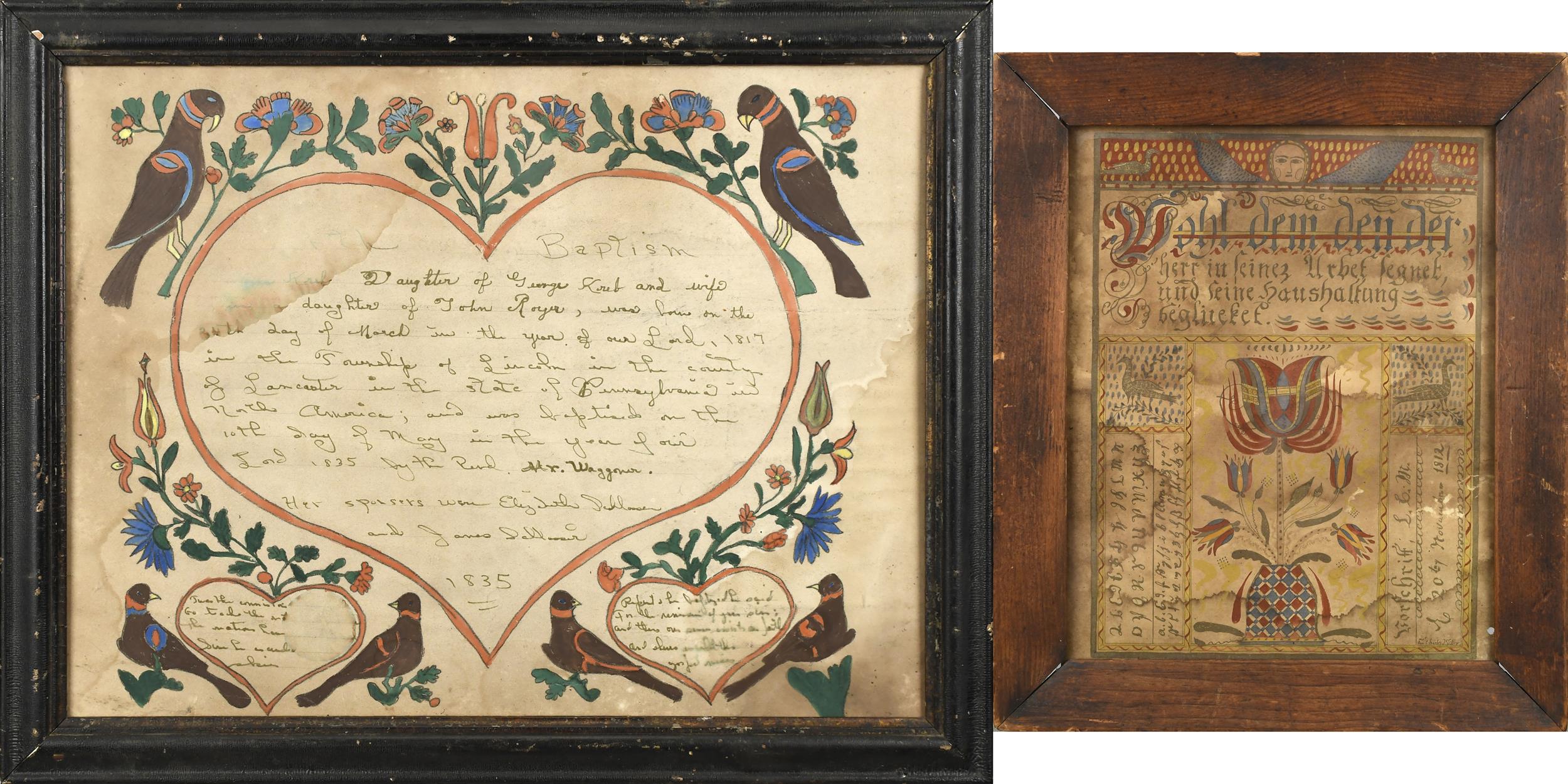TWO 19TH C. PA FRAKTURS. A finely