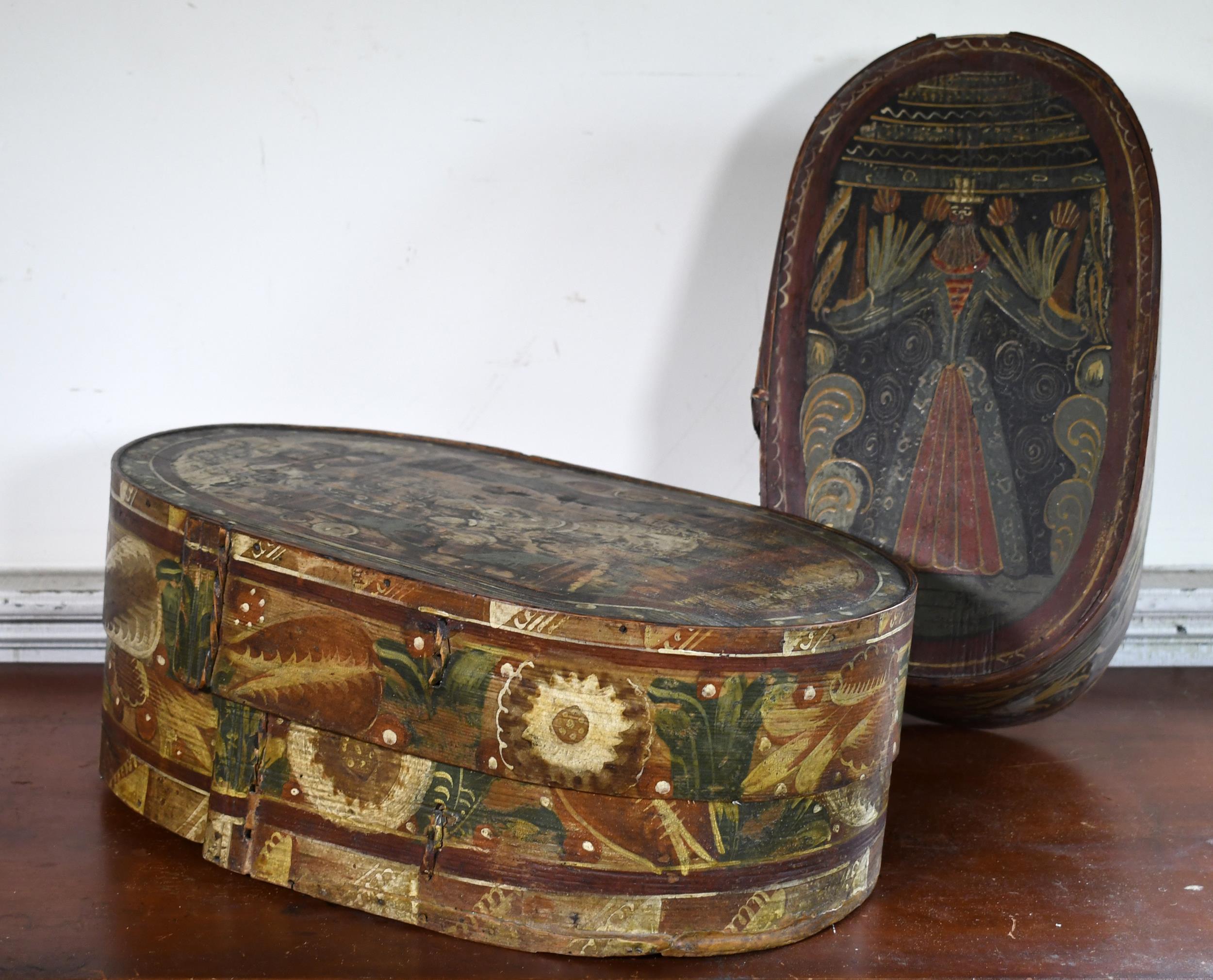 TWO 19TH C. PAINTED BRIDES BOXES.