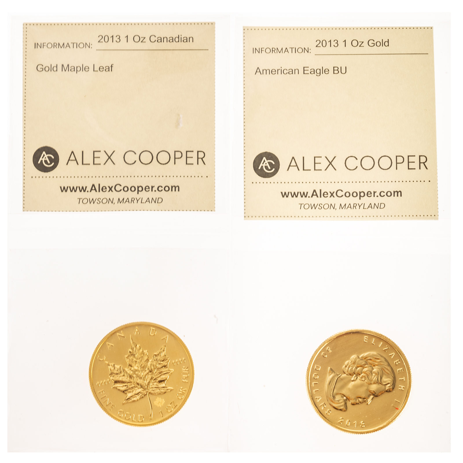 TWO 2013 1 OZ CANADIAN GOLD MAPLE