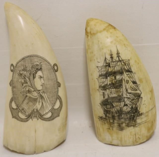 TWO 20TH C SCRIMSHAW WHALES TEETH.