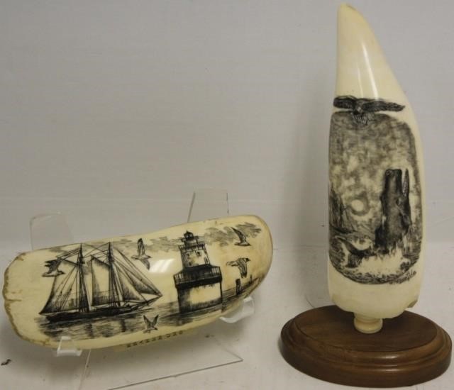 TWO 20TH C SCRIMSHAW WHALES TEETH