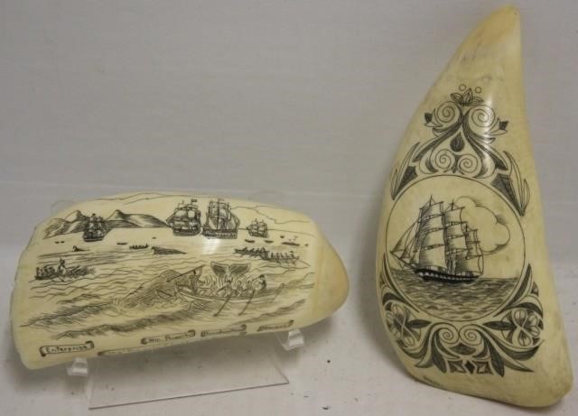 TWO 20TH C SCRIMSHAW WHALES TEETH.