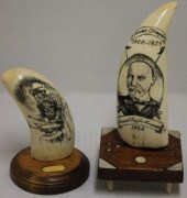 TWO 20TH C WHALES TEETH BY ROB