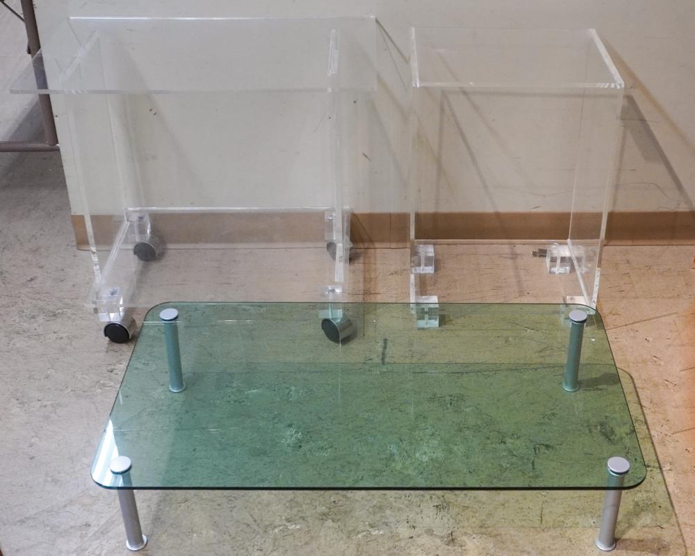 TWO ACRYLIC SIDE TABLES AND A GLASS