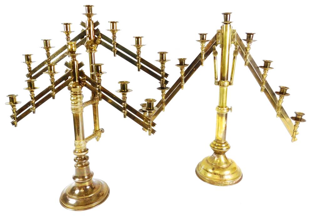 TWO ADJUSTABLE BRASS CANDELABRAS;
