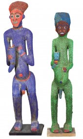 TWO AFRICAN BEADED WOOD MALE F