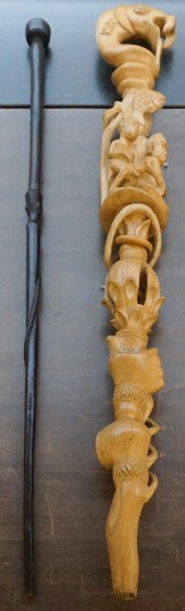TWO AFRICAN CARVED WOOD CANEST