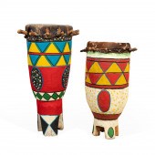 TWO AFRICAN TALL DRUMS, COLORF