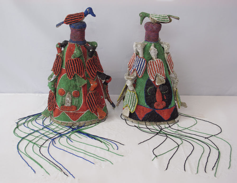 TWO AFRICAN YORUBA BEADED CROWNS: