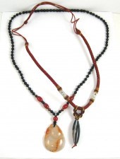 TWO AGATE AND JADE BEAD NECKLA