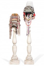 TWO AKHA BEADED HEADDRESSES W/