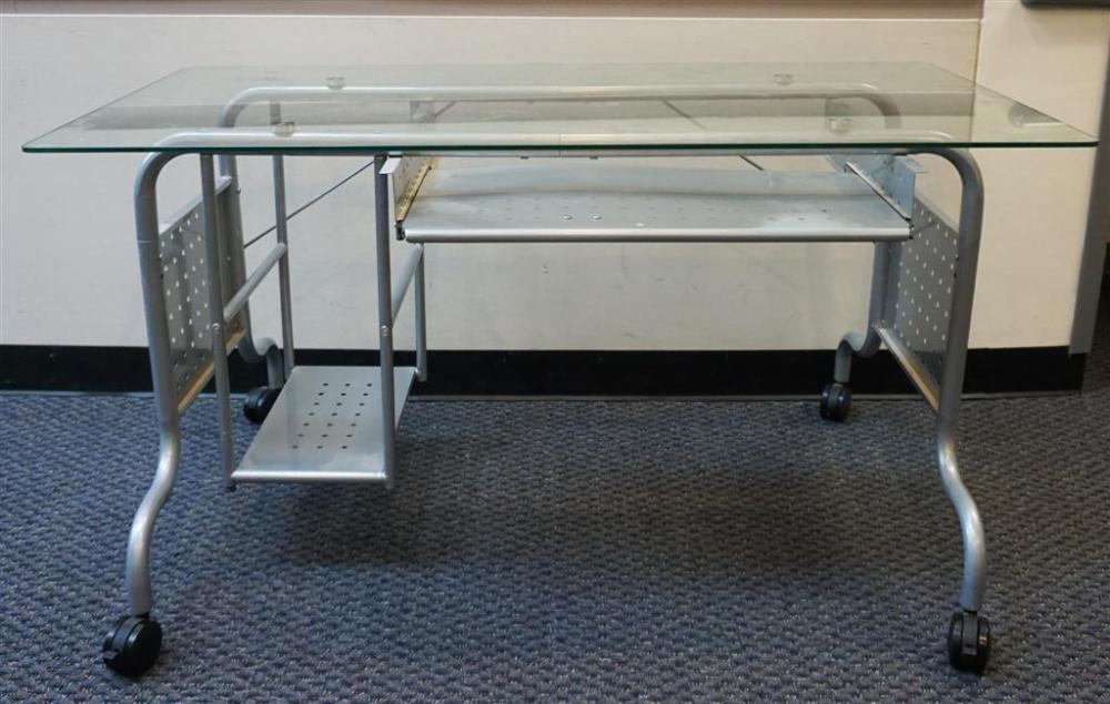 TWO ALUMINUM GLASS TOP DESKS ON