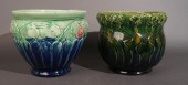 TWO AMERICAN GREEN GLAZED POTT