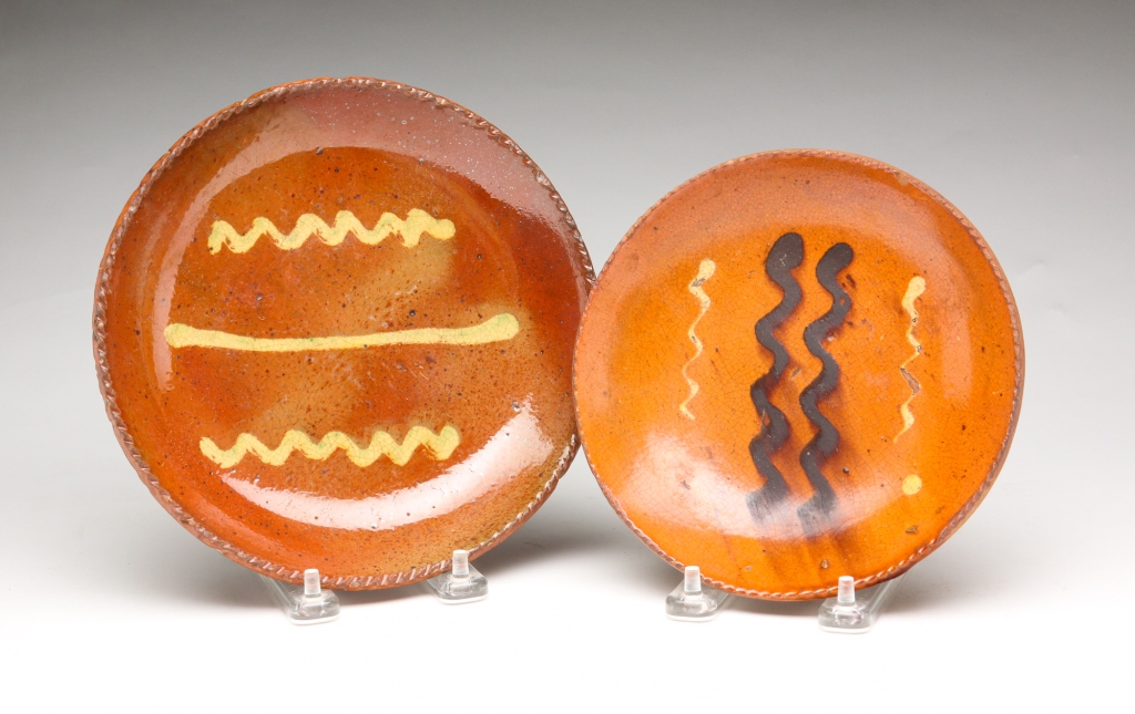 TWO AMERICAN REDWARE PIE PLATES.