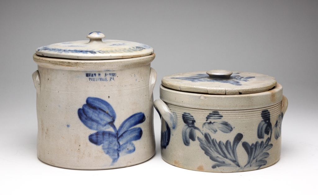 TWO AMERICAN STONEWARE CROCKS.