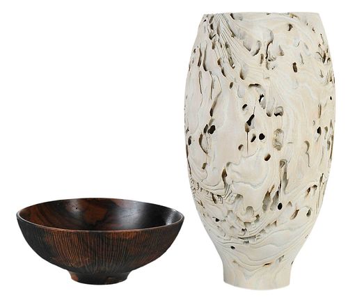TWO AMERICAN TURNED WOOD VESSELS,