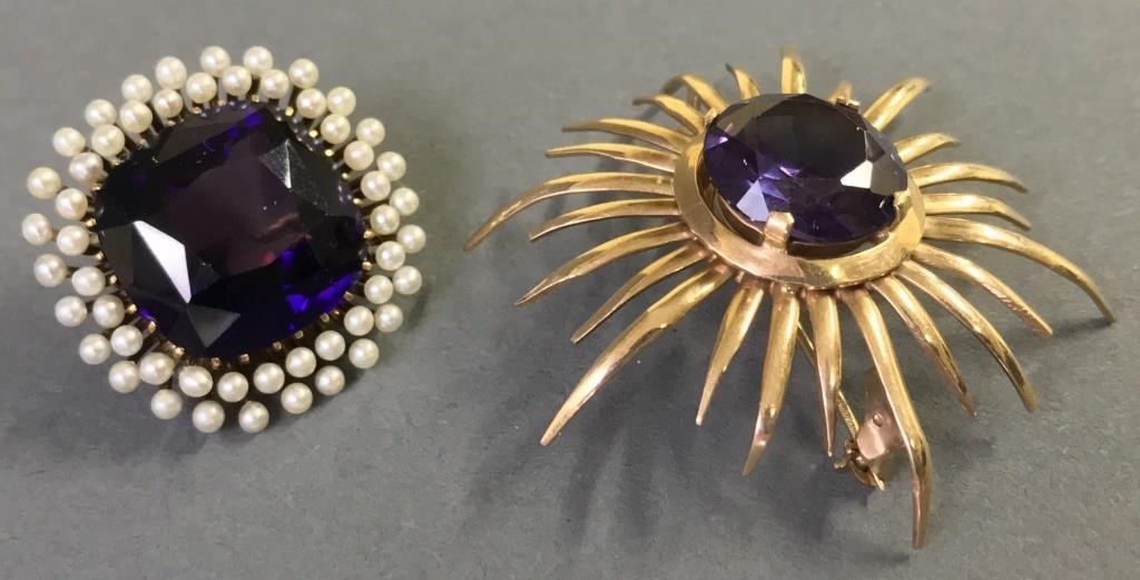 Two amethyst 14 karat gold pins,