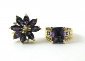 TWO AMETHYST AND YELLOW GOLD R