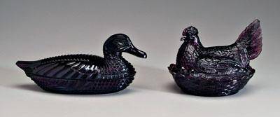Two amethyst covered bird dishes: