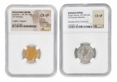 TWO ANCIENT COINS, SILVER AND