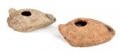 TWO ANCIENT STONEWARE OIL LAMP