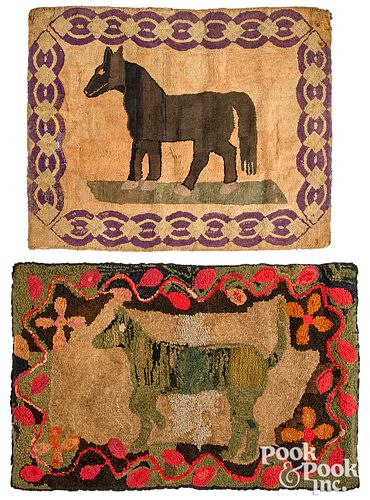 TWO ANIMAL HOOKED RUGS, EARLY