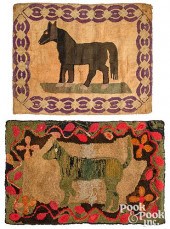 TWO ANIMAL HOOKED RUGS, EARLY