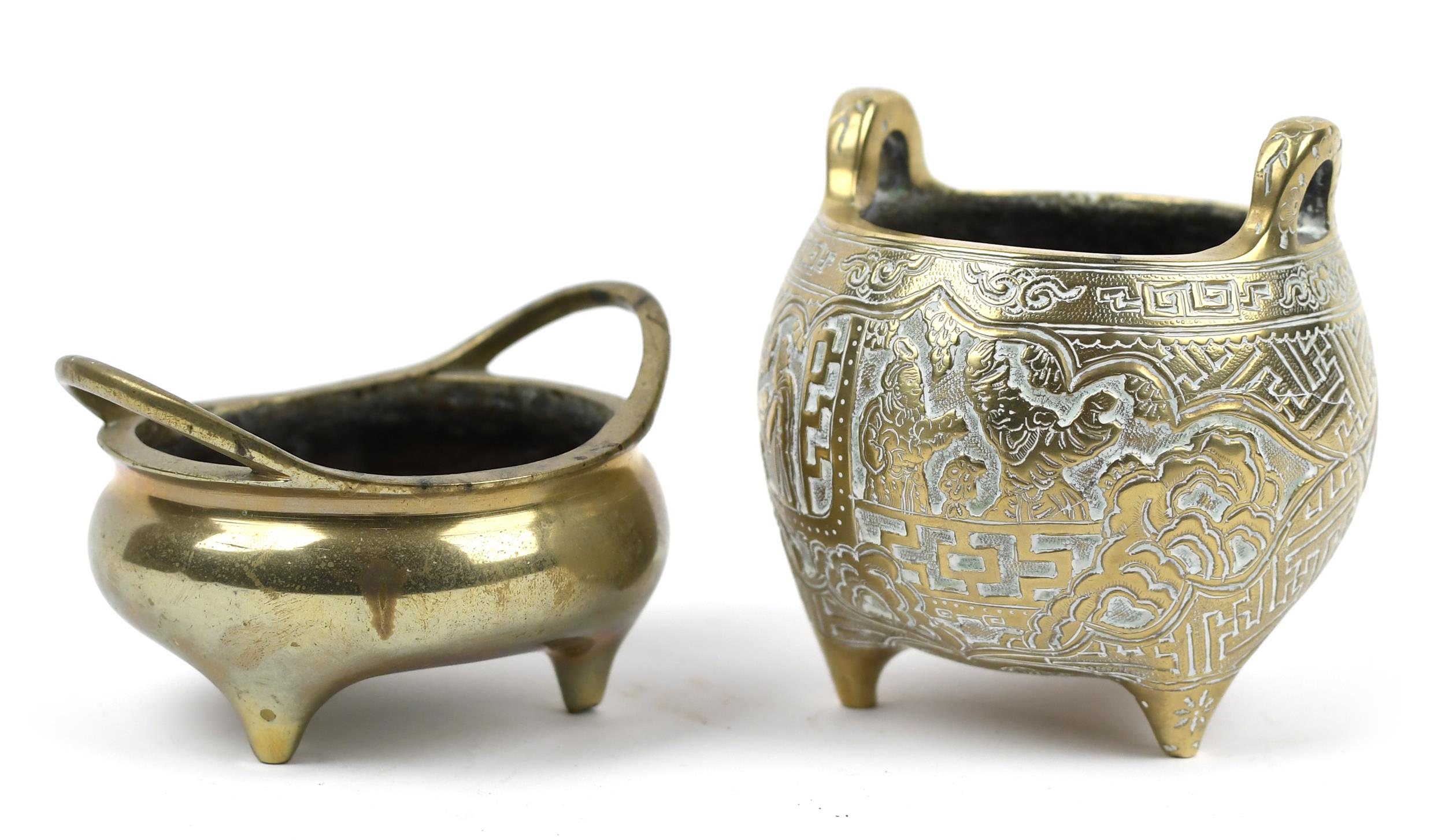 TWO ANTIQUE CHINESE BRONZE CENSERS.