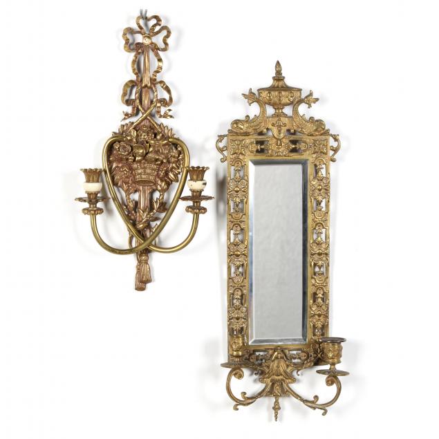 TWO ANTIQUE DOUBLE LIGHT BRASS WALL